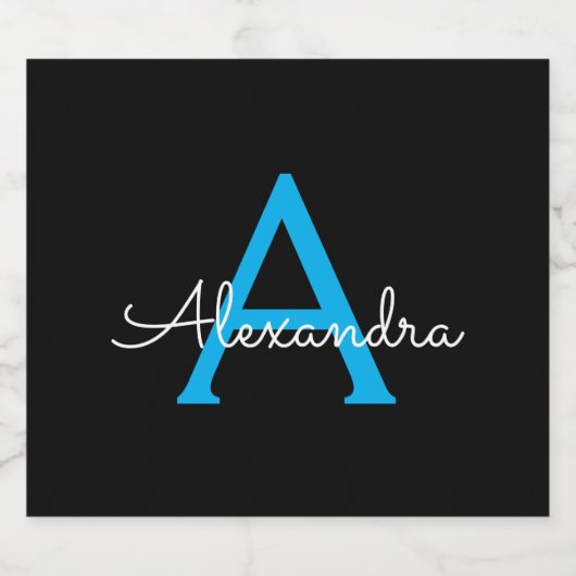 Blue Black Script Girly Monogram Name Bier Etiket (Enkel label)