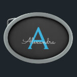 Blue Black Script Girly Monogram Name Gesp<br><div class="desc">Zwart en blauw Eenvoudig Script Monogram Naam Belt Buckle. Dit maakt het perfecte afstuderen,  zoet 16 16th,  18th,  21st,  30th,  40th,  50th,  60th,  70th,  80th,  90th,  100th Birthday,  bruiloft,  vrijgezellenfeest,  jubileum,  baby shower of vrijgezellenfeest cadeau voor iemand die houdt van glamoureuze luxe en chique stijlen.</div>
