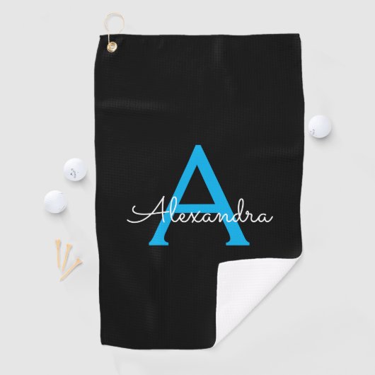 Blue Black Script Girly Monogram Name Golfhanddoek (Insitu)