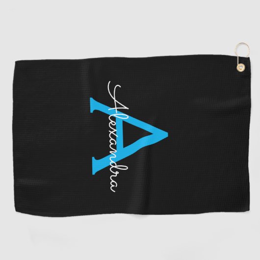 Blue Black Script Girly Monogram Name Golfhanddoek (Horizontaal)
