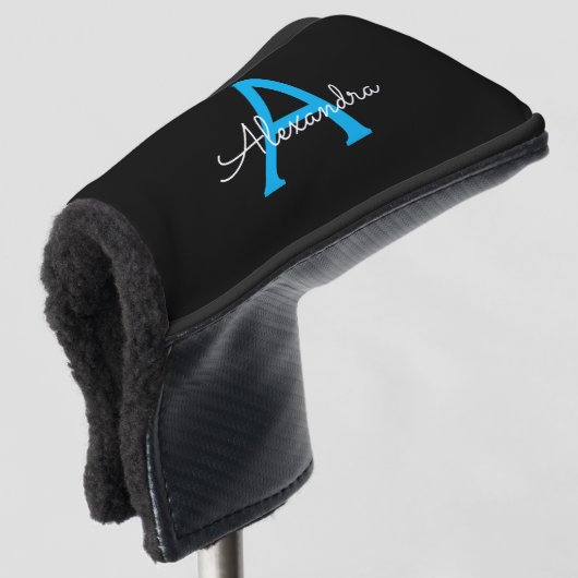 Blue Black Script Girly Monogram Name Golfheadcover (3/4 voorkant)