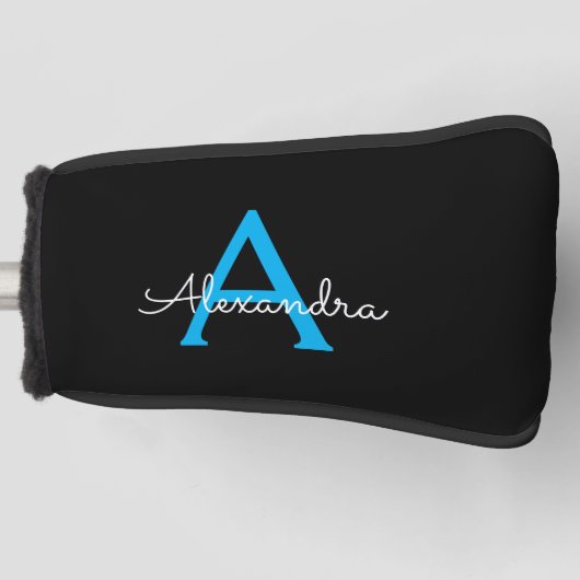 Blue Black Script Girly Monogram Name Golfheadcover (Voorkant)