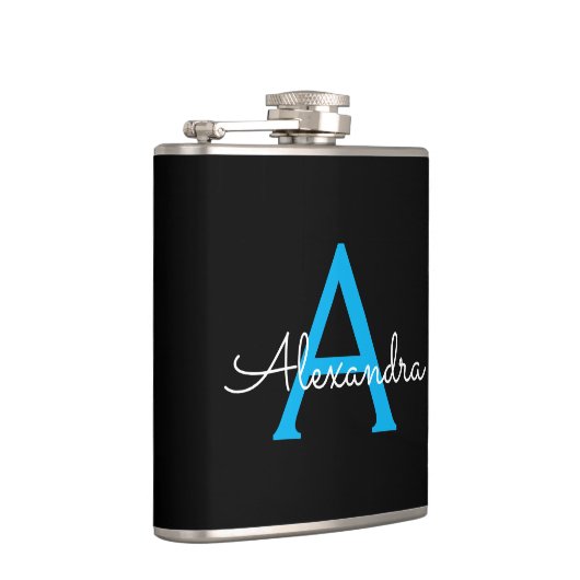 Blue Black Script Girly Monogram Name Heupfles (Rechts)