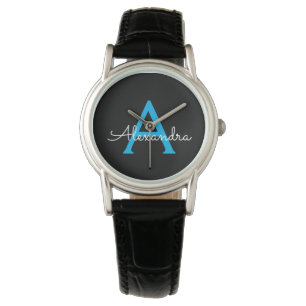 Blue Black Script Girly Monogram Name Horloge