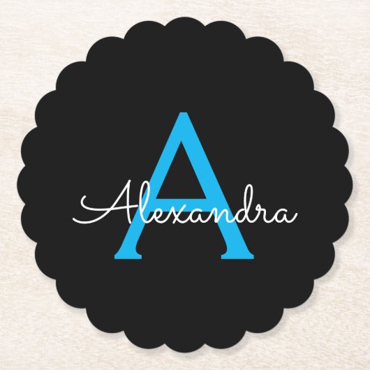 Blue Black Script Girly Monogram Name Kartonnen Onderzetters (Voorkant)