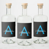 Blue Black Script Girly Monogram Name Likeurfles Etiket (Flessen)