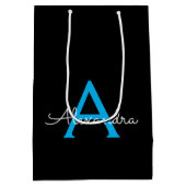 Blue Black Script Girly Monogram Name Medium Cadeauzakje (Achterkant)
