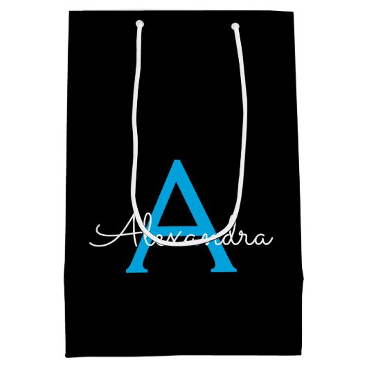 Blue Black Script Girly Monogram Name Medium Cadeauzakje (Achterkant)
