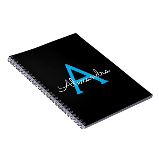 Blue Black Script Girly Monogram Name Notitieboek (Rechterzijde)