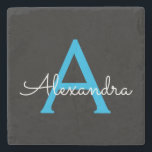 Blue Black Script Girly Monogram Name Stenen Onderzetter<br><div class="desc">Zwart en blauw Eenvoudig Script Monogram Naam Stone Tegel. Dit maakt het perfecte afstuderen,  lieve 16 jarige,  bruiloft,  vrijgezellenfeest,  jubileum,  baby shower of vrijgezellenfeest cadeau voor iemand die houdt van glamoureuze en chique stijlen.</div>