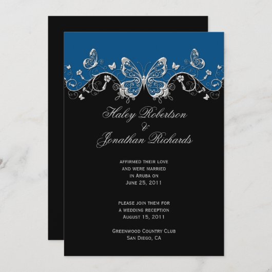 Blue Black Silver Butterflies Post Wedding Kaart (Voorkant / Achterkant)