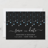 Blue Black Silver Stars String Lights Wedding Save The Date (Voorkant)