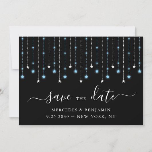 Blue Black Silver Stars String Lights Wedding Save The Date (Voorkant)