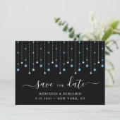 Blue Black Silver Stars String Lights Wedding Save The Date (Staand voorkant)