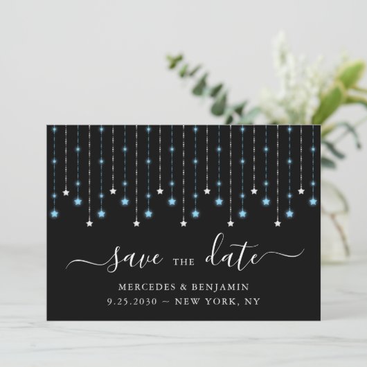 Blue Black Silver Stars String Lights Wedding Save The Date (Staand voorkant)