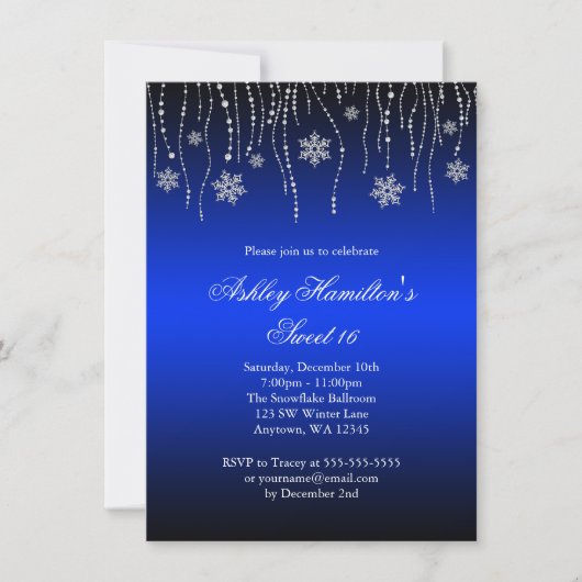 Blue Black Snowflakes Sweet 16 Winter Wonderland Kaart (Voorkant)