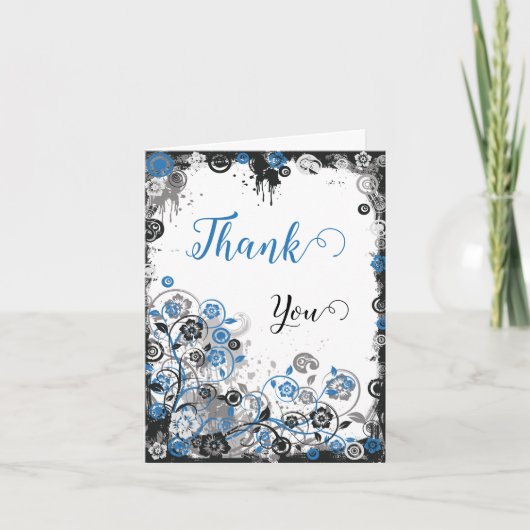 Blue & Black Splatter Floral Thank You Card Bedankkaart (Voorkant)