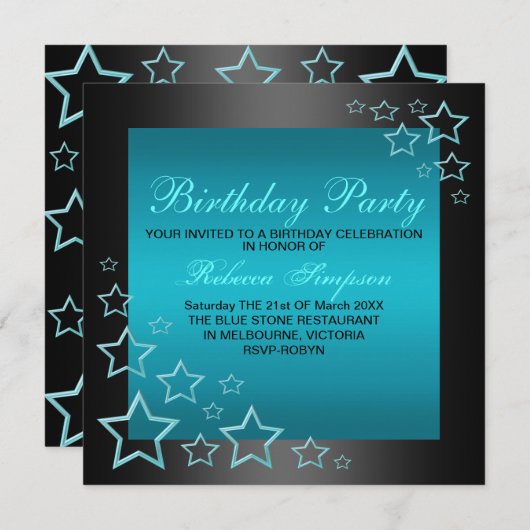 Blue & Black Star Verjaardag Uitnodiging (Voorkant / Achterkant)