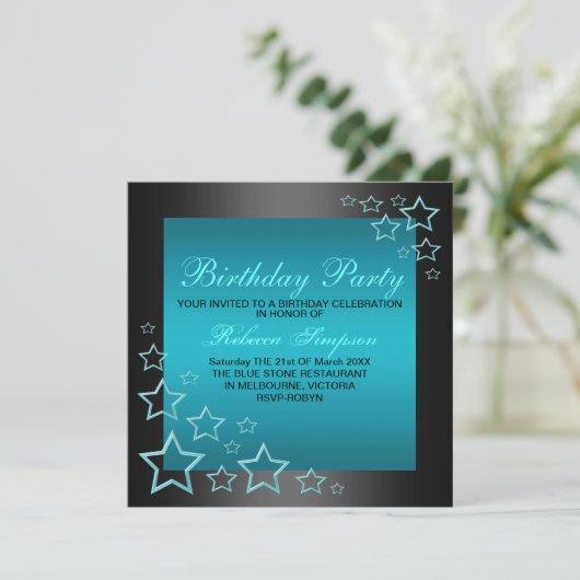 Blue & Black Star Verjaardag Uitnodiging (Staand voorkant)