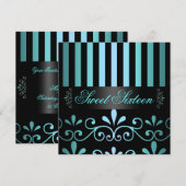 Blue/Black Stripe & Swirl Sweet 16 Invite Kaart (Voorkant / Achterkant)