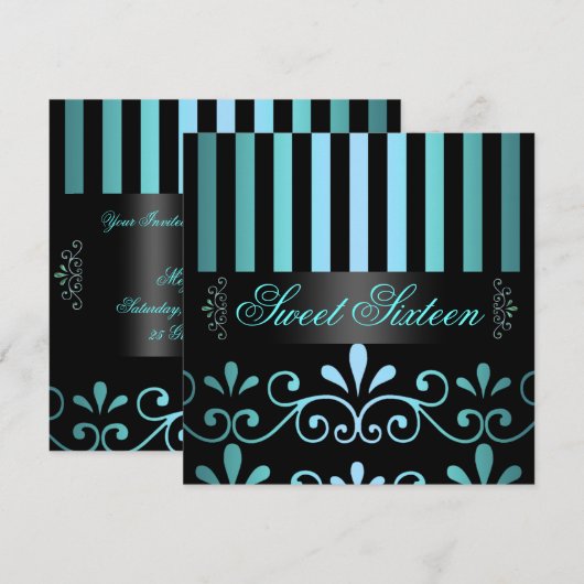 Blue/Black Stripe & Swirl Sweet 16 Invite Kaart (Voorkant / Achterkant)