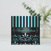 Blue/Black Stripe & Swirl Sweet 16 Invite Kaart (Staand voorkant)