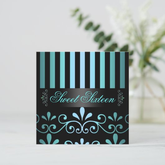 Blue/Black Stripe & Swirl Sweet 16 Invite Kaart (Staand voorkant)