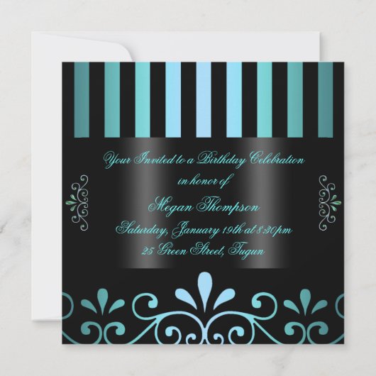 Blue/Black Stripe & Swirl Sweet 16 Invite Kaart (Achterkant)