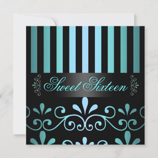Blue/Black Stripe & Swirl Sweet 16 Invite Kaart (Voorkant)