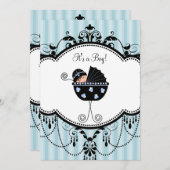 Blue Black Stripes Baby Boy Douche Uitnodigingen (Voorkant / Achterkant)