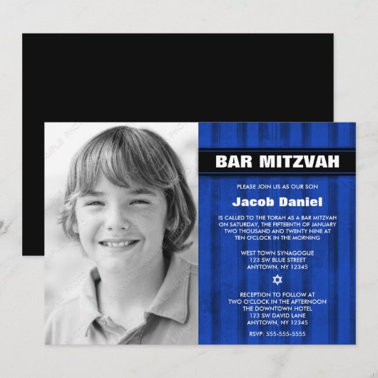 Blue Black Stripes Photo Bar Mitzvah-uitnodigingen Kaart (Voorkant / Achterkant)