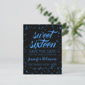 Blue Black Sweet 16 Birthday Save Date Confetti Save The Date (Staand voorkant)