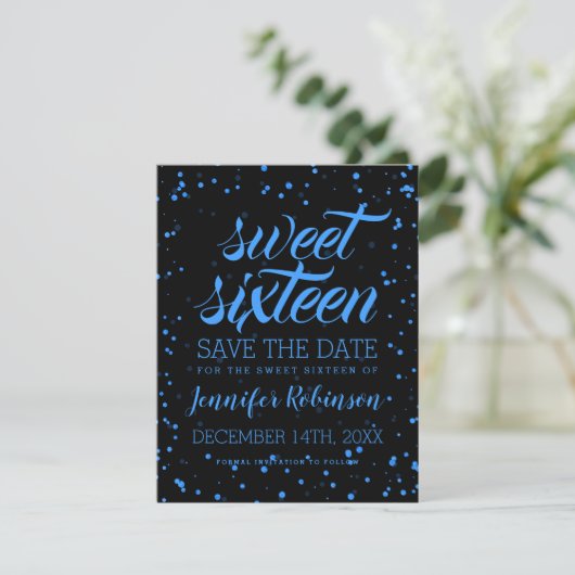 Blue Black Sweet 16 Birthday Save Date Confetti Save The Date (Staand voorkant)