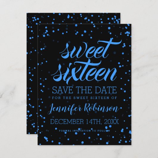 Blue Black Sweet 16 Birthday Save Date Confetti Save The Date (Voorkant / Achterkant)
