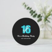 Blue Black Sweet 16 Party Round Invitations Kaart (Staand voorkant)