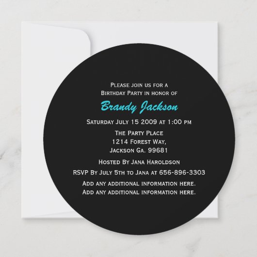 Blue Black Sweet 16 Party Round Invitations Kaart (Achterkant)