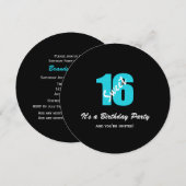 Blue Black Sweet 16 Party Round Invitations Kaart (Voorkant / Achterkant)