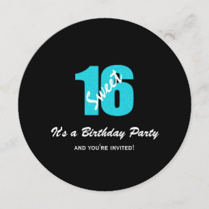 Blue Black Sweet 16 Party Round Invitations Kaart