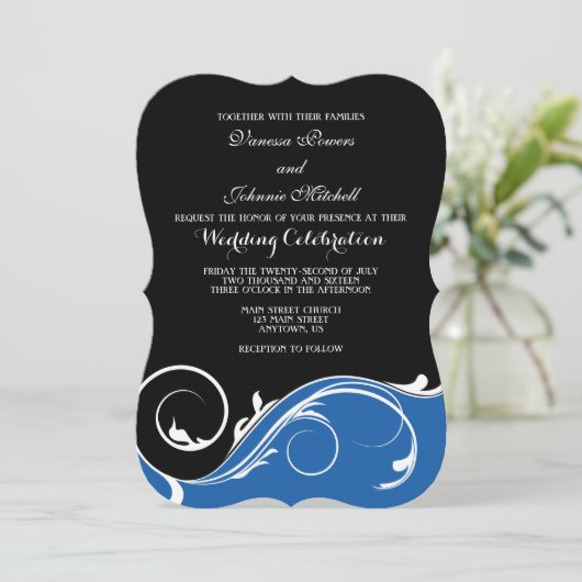 Blue Black Swirl Bracket Wedding Invites Kaart (Staand voorkant)