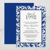 Blue Black Swirl Damask Class Reunion Uitnodiging (Voorkant / Achterkant)