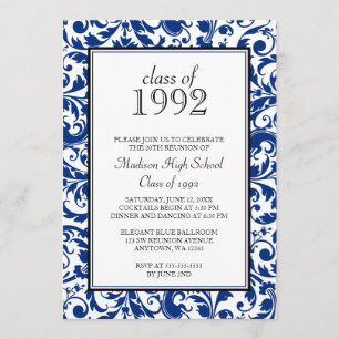 Blue Black Swirl Damask Class Reunion Uitnodiging