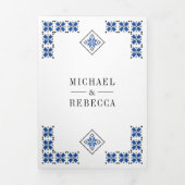 Blue Black Ukrainian Embroidery QR Code Wedding Drieluik Uitnodiging (Cover)