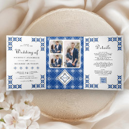 Blue Black Ukrainian Embroidery QR Code Wedding Drieluik Uitnodiging