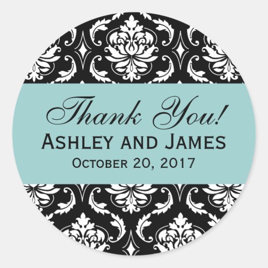 Blue, Black Wedding Damask Thank You Label (Voorkant)