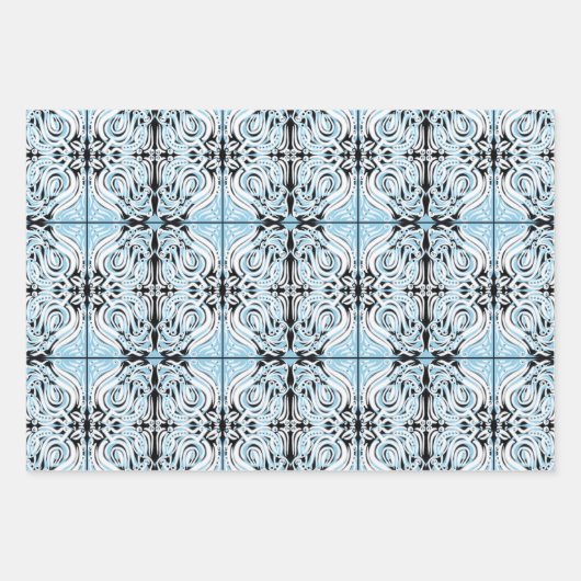 Blue Black White Curly Abstract Herhalingspatroon Inpakpapier Vel (Voorkant 3)