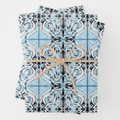 Blue Black White Curly Abstract Herhalingspatroon Inpakpapier Vel (In situ)