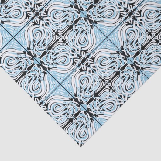 Blue Black White Curly Abstract Herhalingspatroon Tissuepapier (Detail)