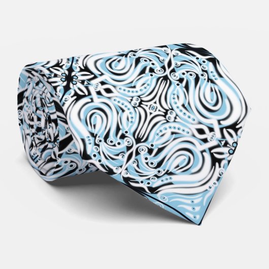 Blue Black White Curvy Abstract Herhalingspatroon Stropdas (Opgerold)