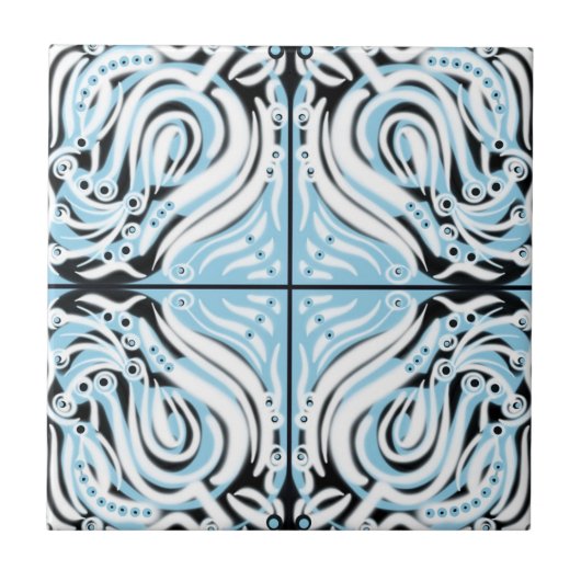 Blue Black White Curvy Abstract Patroon Tegeltje (Voorkant)