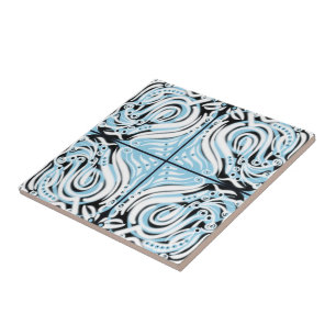 Blue Black White Curvy Abstract Patroon Tegeltje